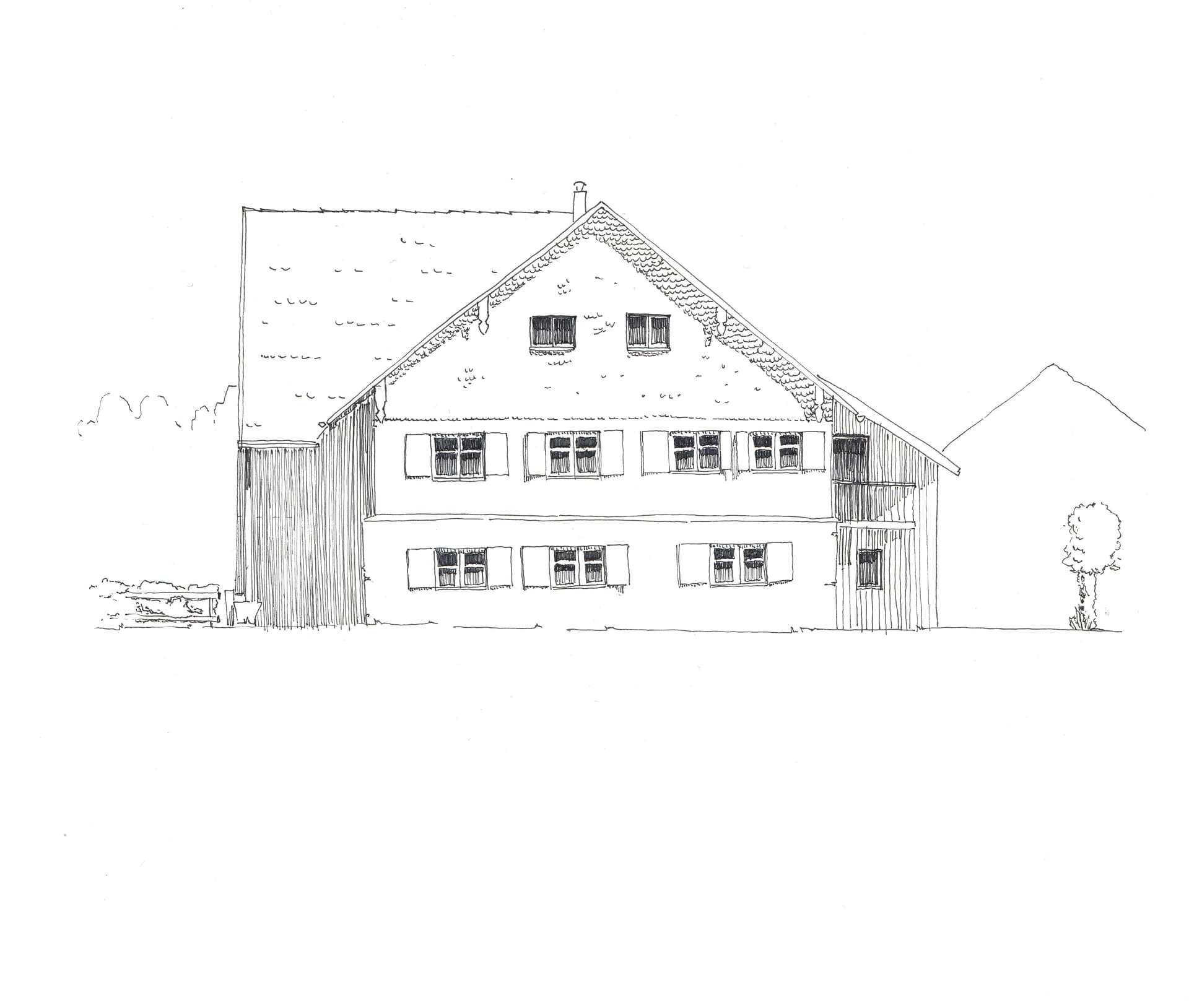 Handzeichnung eines Allgäuer Bauernhofs, Hofele Architektur